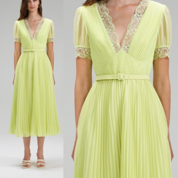NWT self portrait Lime Green Chiffon Midi Dress Lace Detail UK 8 US 4